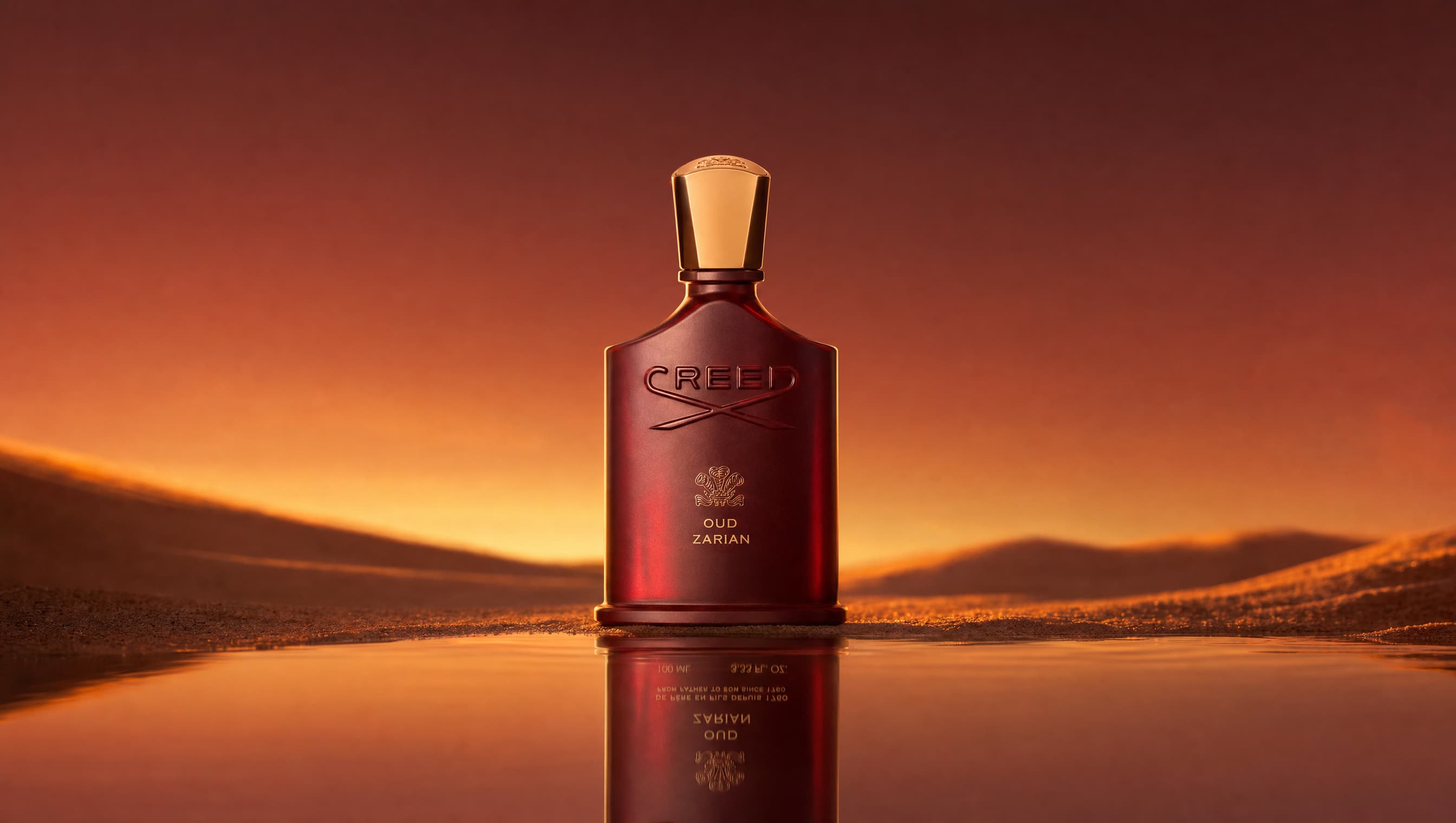 Creed Oud Zarian bottle on a desert salt flat at sunset