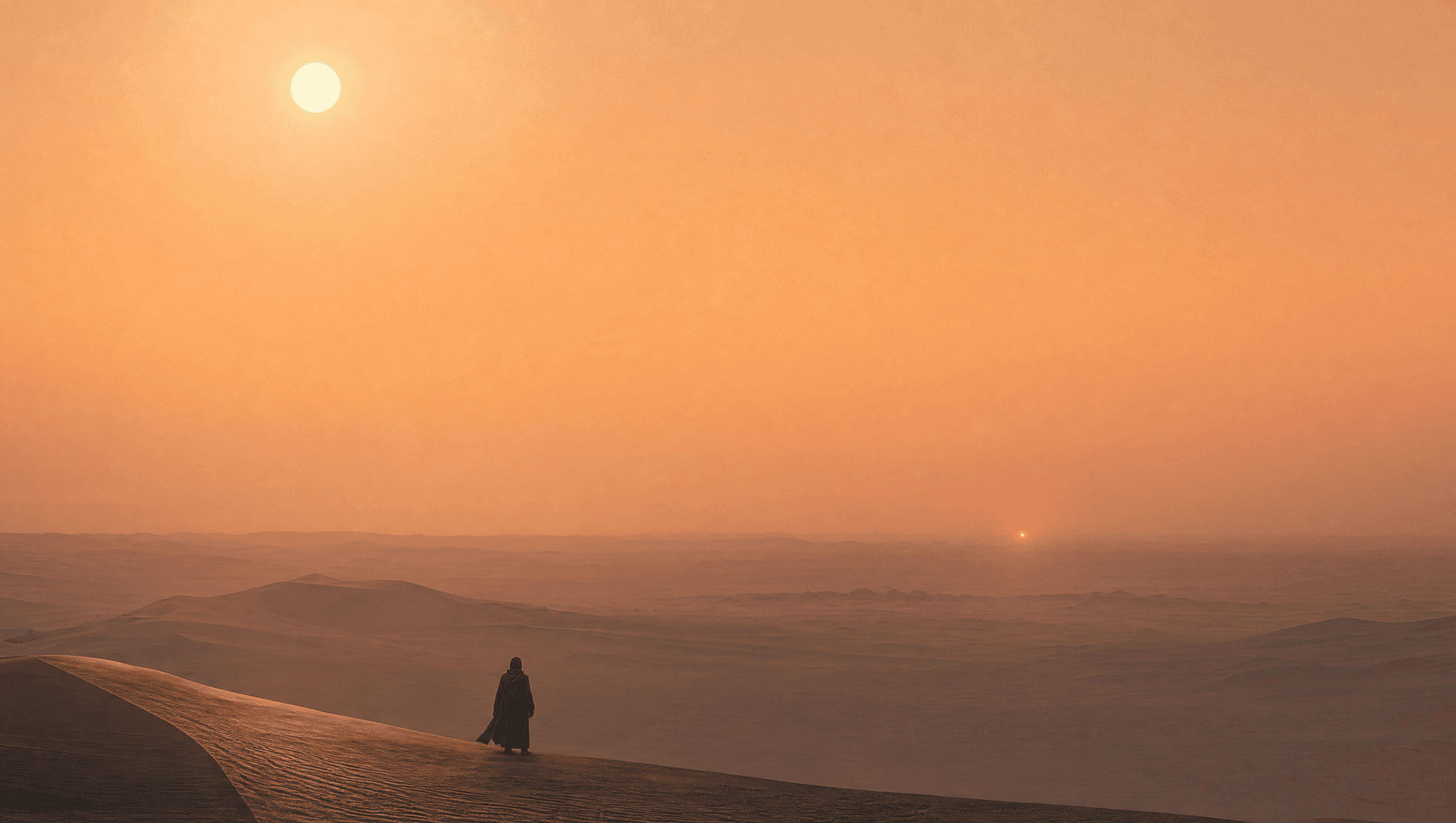 Vast hazy desert vista with a distant figure at dusk