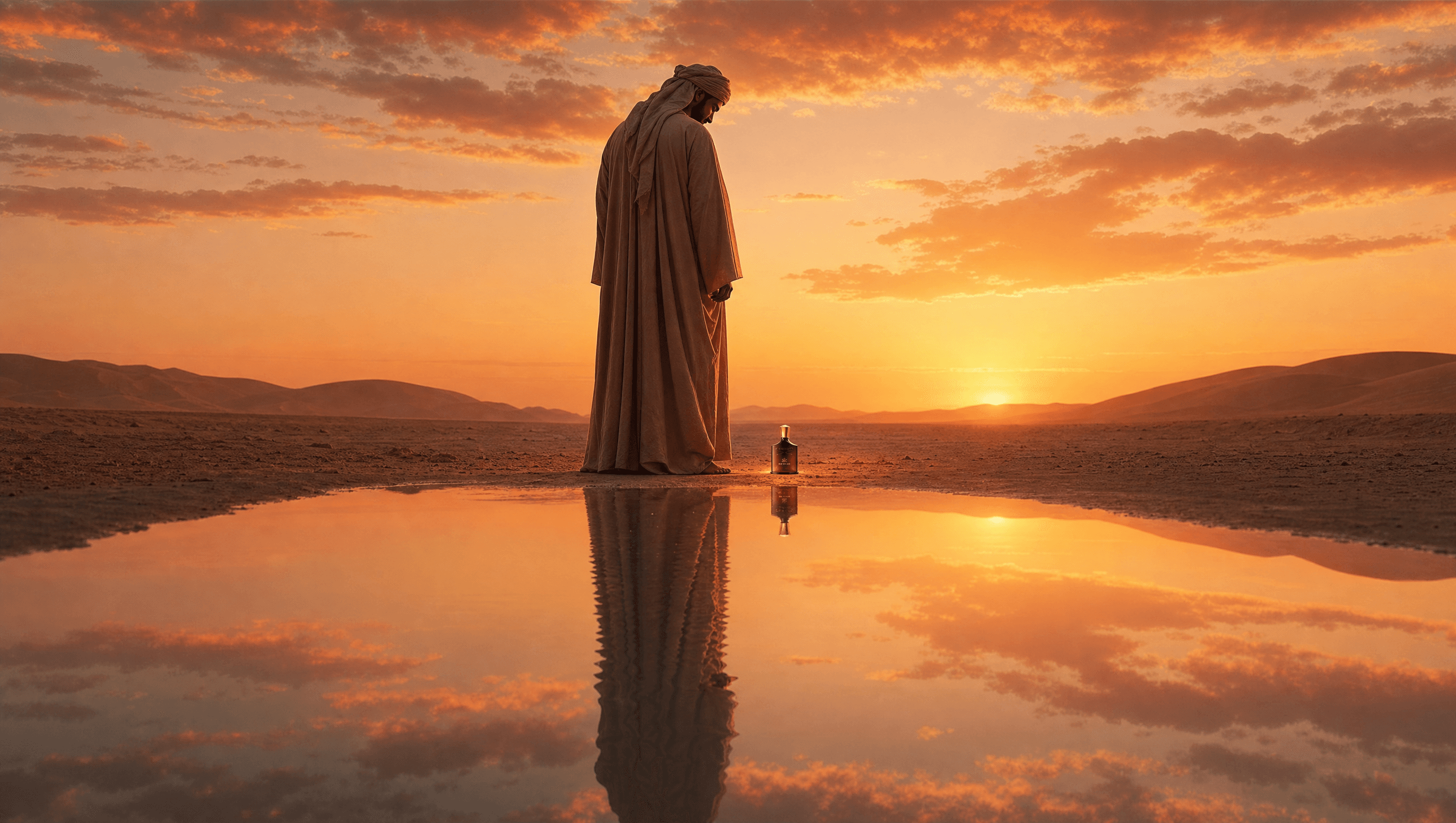 Robed figure and the Oud Zarian bottle mirrored on a desert lake