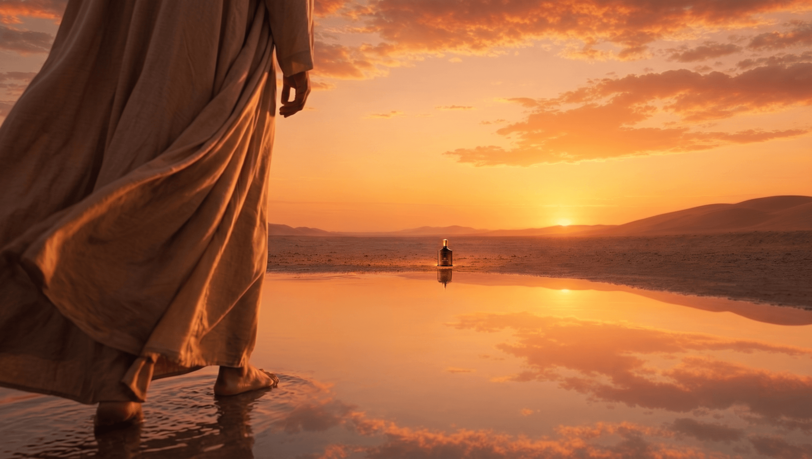 Robed figure walking across a mirror-still desert lake at sunset